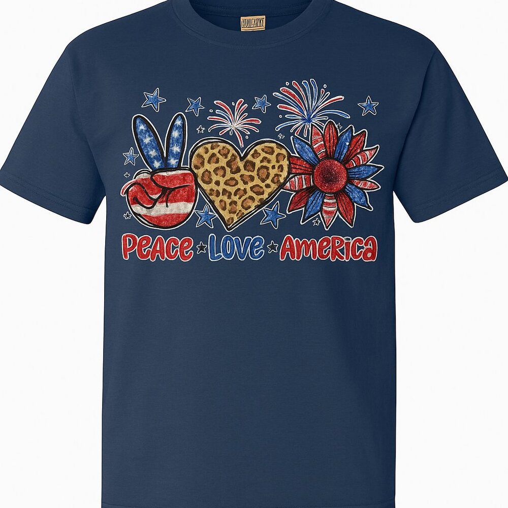 Comfort Colors Tee In MIDNIGHT With Cute PEACE LOVE AMERICA Transfer